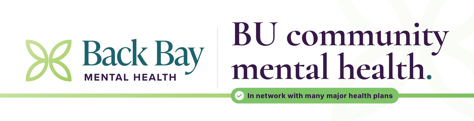 Back Bay Mental Health dasher board reading “BU community mental health.”
