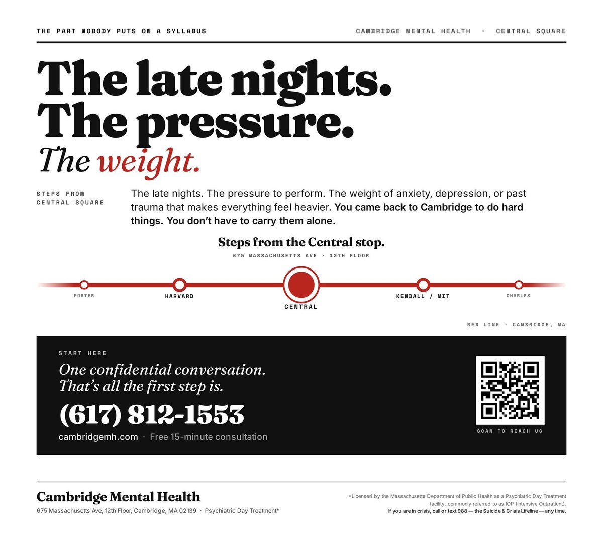 Cambridge Mental Health half-page ad reading “The late nights. The pressure. The weight.”