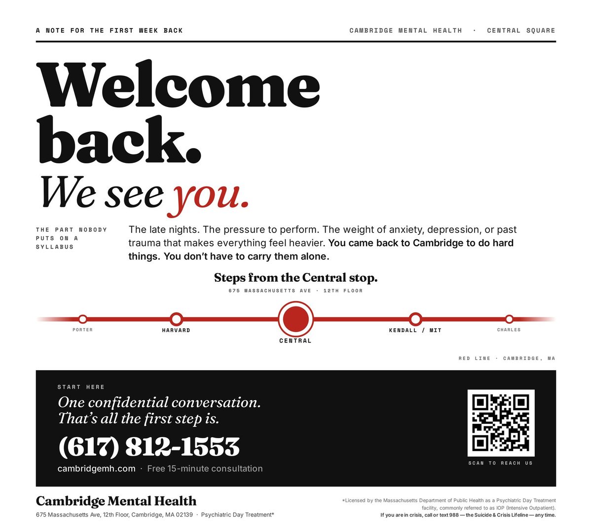 Cambridge Mental Health half-page ad reading “Welcome back. We see you.”